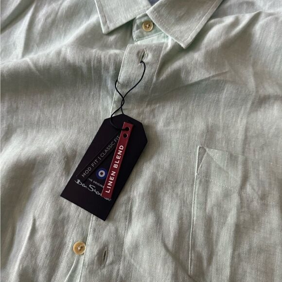 NEW Ben Sherman Mens Button Front Long Sleeve Green Linen Rayon Shirt - Picture 3 of 3